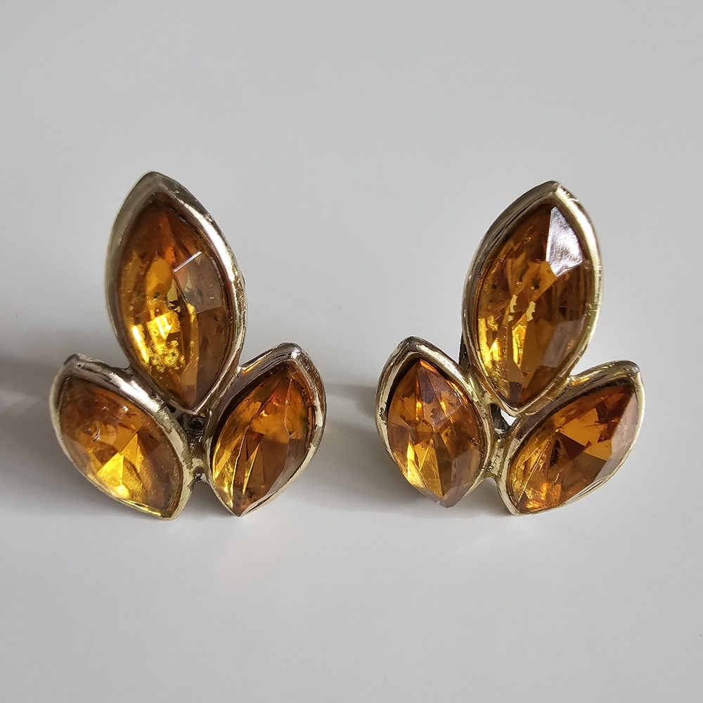 Vintage Amber Marquise Crystal Clip Earrings